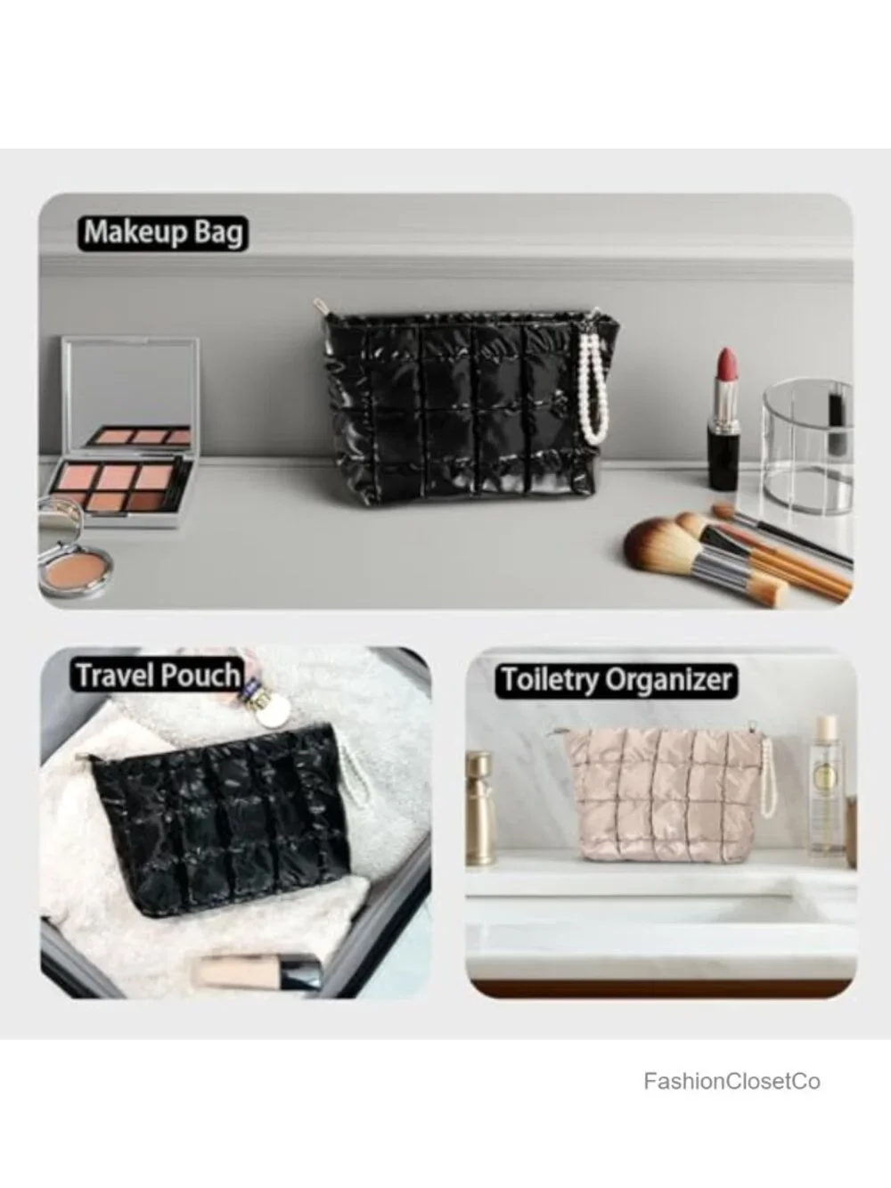 Puffer Quilted Makeup Bag Travel Cosmetic Pouch Toiletry Organizer